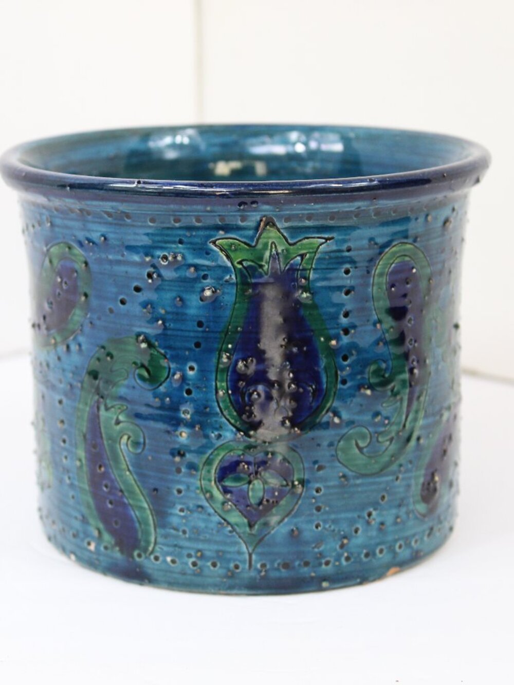BITOSSI RIMINI BLUE CACHE GLAZED CERAMIC POT PLANTER ITALY 5"D X 6" MCM VINTAGE